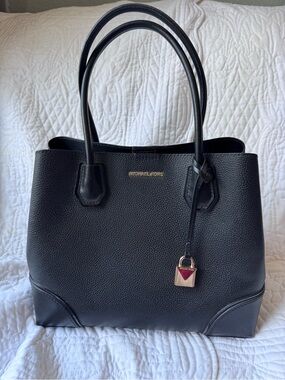Michael Kors Black Leather Tote with Gold Logo and Charm